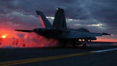 Sunset flight Aircraft ships fight Carrier deck vehicles f-18 