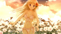 Sunset Flowers Anime long hair cleavage bikini