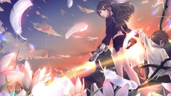 Sunset Flowers clouds blood feathers Anime long hair anime 