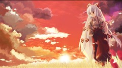 Sunset Flowers grass clouds sky white hair red eyes bows long 