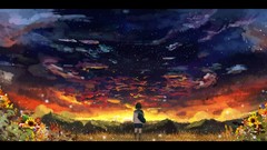 Sunset Flowers grass Stars clouds sky Anime anime girls seifuku 