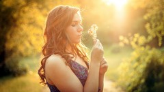 Sunset Flowers nature Trees woman brunettes