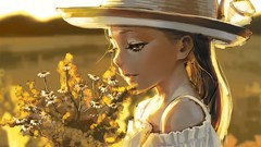 Sunset Flowers nature woman paintings hats blondes