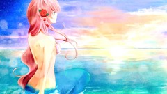 Sunset Flowers water mermaid pink hair anime girls blue eyes 