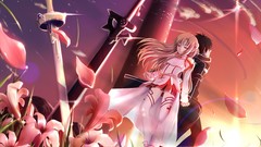 Sunset Flowers weapons armor Swords skirts long hair anime 