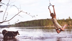 Sunset freedom grass water woman Dogs feathers stable skies 