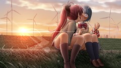 Sunset grass Anime windmills kissing blush anime girls mahou 