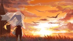 Sunset grass Birds hatsune miku skies vocaloid twintails