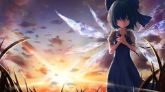 Sunset grass clouds ice wings Fairies dress bows sunlight blue 