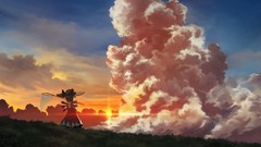 Sunset grass clouds meadows wings Fairies dress back hats bows 