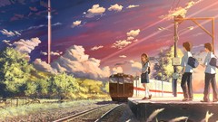 Sunset grass clouds sky anime girls school uniforms seifuku 