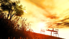 Sunset grass clouds sky chairs 3d digital art scenic