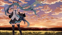 Sunset grass clouds tie tattoos skirts closed eyes hatsune miku 