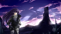 Sunset grass clouds weapons Anime long hair anime girls purple 