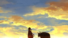 Sunset grass Stars clouds sky brown anime girls twintails