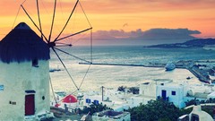 Sunset Greece windmills cityscapes Greek islands Mykonos