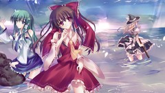 Sunset groups water clouds Anime brown red eyes long hair anime 