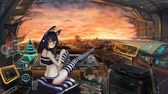 Sunset headphones anime girls yellow eyes black hair animal 