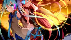 Sunset headphones tie skirts pink hair long hair blue eyes 