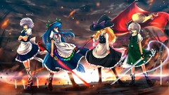 Sunset leaves clouds weapons Katana dress samurai Flags hats 