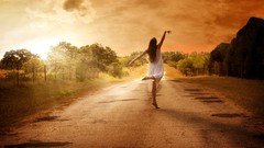 Sunset light woman roads blondes sunlight white dress