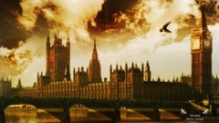 Sunset London Big Ben Eagles buildings clocks Biutiful (movie)