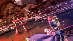 Sunset Mountains clouds hills Anime dress hats hugging kissing 