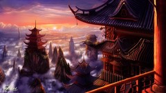 Sunset Mountains clouds paintings Chinese houses artwork 