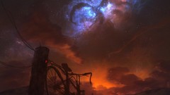 Sunset nature Bicycles skies outer space artwork