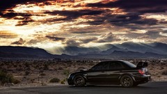 Sunset nature clouds asphalt cars Japanese Subaru vehicles 