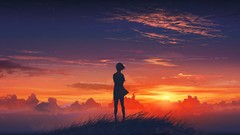 Sunset nature grass clouds hills Anime