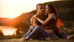 Sunset nature love Men woman couple Beaches hugging brunettes