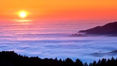 Sunset nature Mountains mist forests