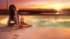 Sunset nature red woman outdoors swimming pools