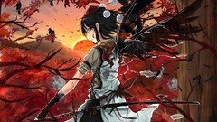 Sunset nature Trees autumn weapons Birds wings Katana feathers 