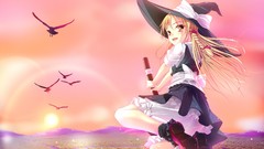 Sunset nature Trees Mountains Birds hats witch flying shirts 