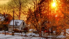Sunset nature Trees snow sun red branches white houses sunlight 