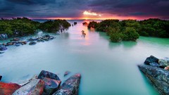 Sunset nature Trees water clouds coast rocks HDR Photography 