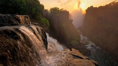 Sunset nature Trees water Mountains Green waterfalls rocks