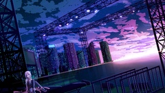 Sunset night Stars blue clouds stage red eyes red dress pink 