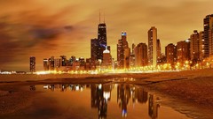 Sunset night water Chicago lakes buildings cityscapes