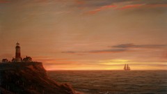 Sunset ocean paintings cliffs artwork lighthouses sailing ships