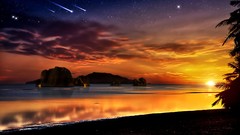 Sunset ocean rocks scenic shooting star fantasy art skyscapes