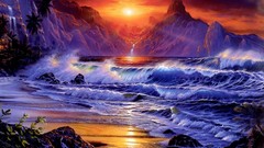 Sunset ocean waves artwork fantasy art