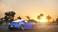 Sunset palm trees sunlight nissan 370z blue cars