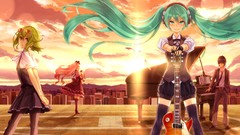 Sunset piano Exit guitars cities long hair anime girls green 