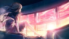 Sunset pink woman morning Drawn school desks