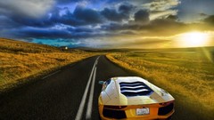 Sunset plain cars roads Lamborghini-Aventador