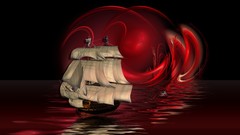 Sunset red ships sails artwork digital art