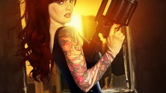 Sunset room woman latex tattoos redheads girls with guns soft 